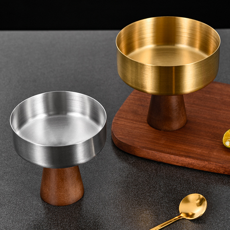 Ly kem inox 304 chân gỗ cao, cốc đựng bánh pudding PBCP19