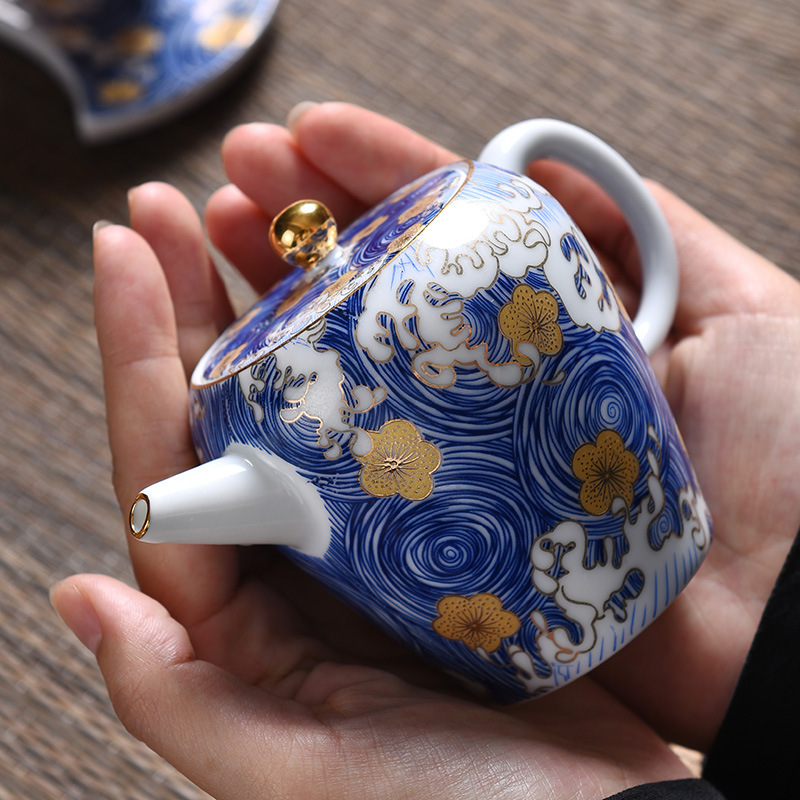 Ấm trà Kung Fu tráng men bầu trời đầy sao ấm trà ấm trà nhỏ ấm trà ba tài năng có nắp bát đơn cỡ lớn không nóng tay màu xanh và trắng bán buôn