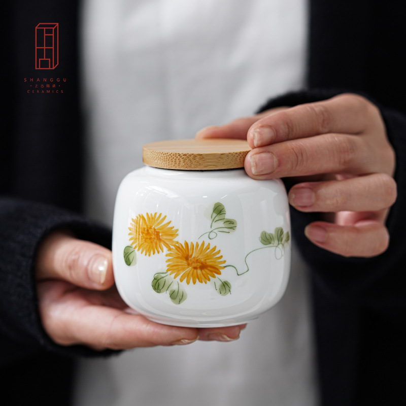 Hộp đựng trà vẽ tay, hộp gốm, hộp đựng trà nhỏ mini sáng tạo, hộp đựng đồ sứ trắng, hộp kín, bao bì trà
