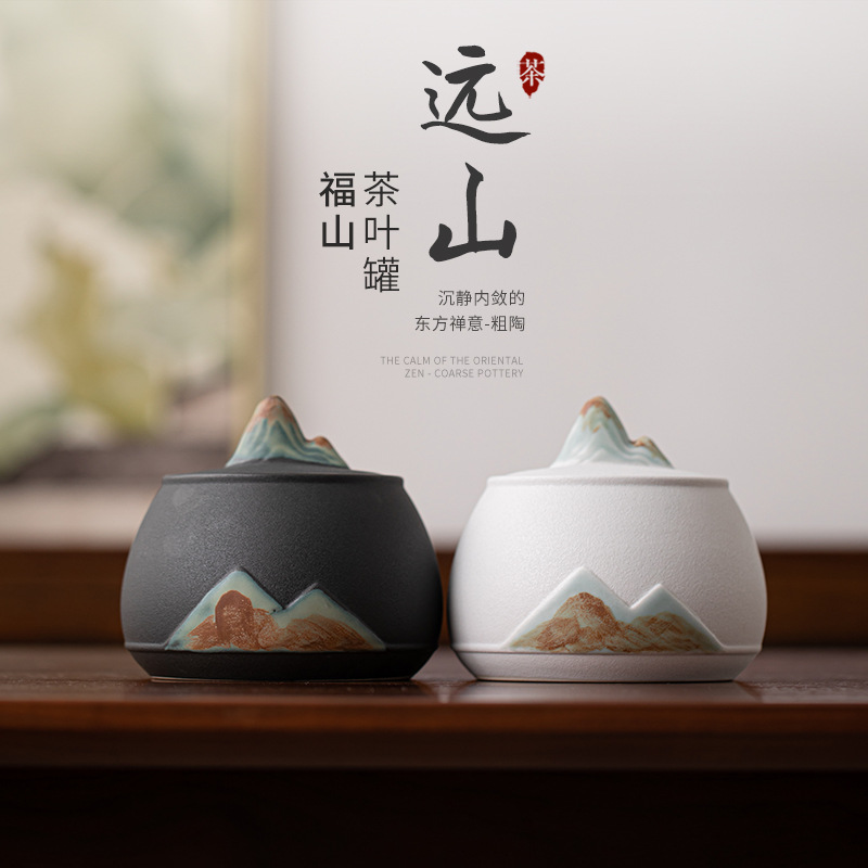Hộp đựng trà Phật Sơn bằng gốm sứ vẽ tay Yuanshan Hộp đựng trà Pu'er Hộp đựng trà kín khí Hộp trà chống ẩm Phụ kiện bộ trà
