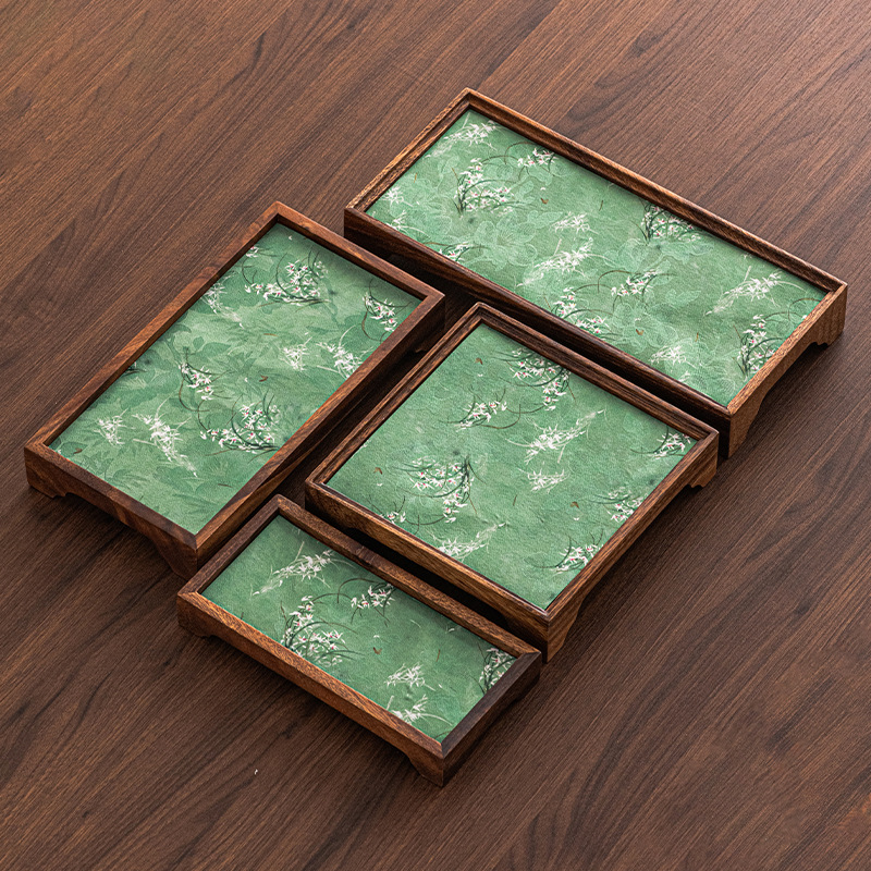 Khay đựng trà khô bằng gỗ óc chó kiểu Trung Quốc｜Khay trà nhỏ bằng gỗ nguyên khối kiểu Trung Quốc sang trọng, khay trà gia dụng, thảm lót ấm trà