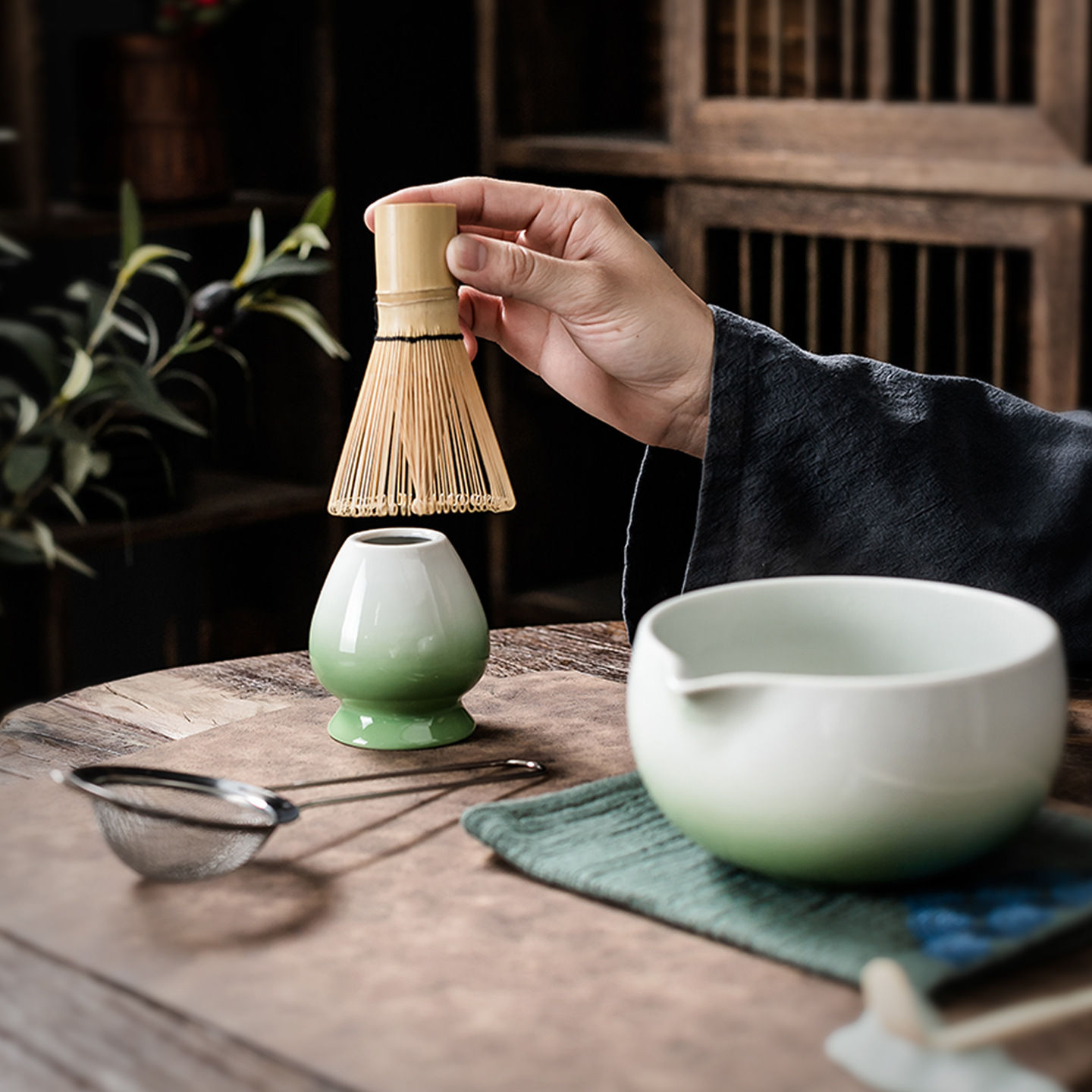 Bộ 8 món matcha bán buôn, chén trà gốm sứ màu chuyển sắc, bộ dụng cụ pha trà thời nhà Tống, gồm chổi đánh trà, rây lọc, bàn chải trà