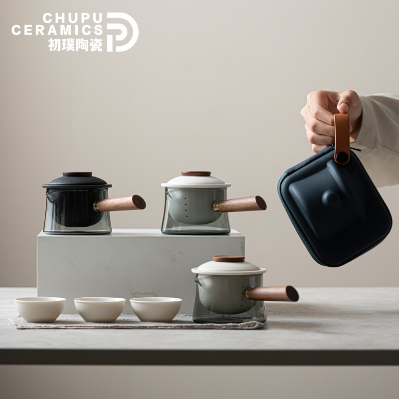 Bộ trà du lịch thủy tinh Chupu, cốc khách di động, một ấm Ba cốc, Bộ Đồ cầm tay, cốc trà Kung Fu ngoài trời, ấm trà