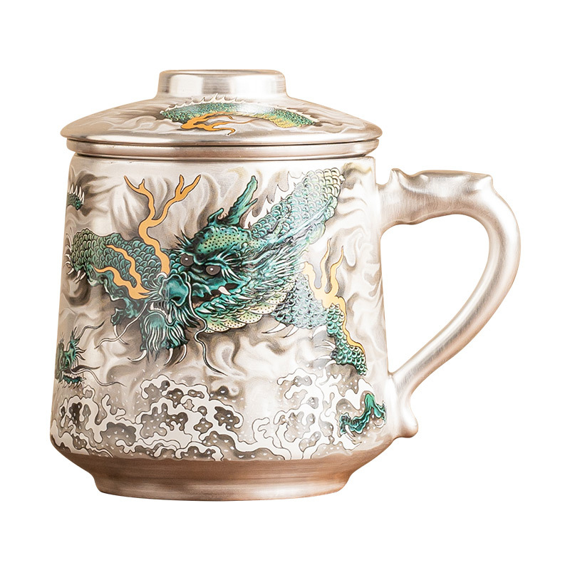 Cốc văn phòng Longteng Four Seas mạ bạc 999 cốc mug sang trọng nhẹ cao cấp có nắp tách trà tách trà cốc đơn