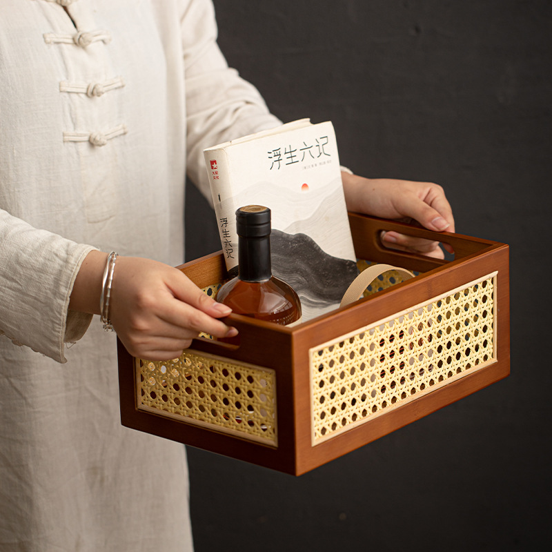 Giỏ đựng đồ bằng mây tre nâu để bàn giỏ đựng đồ retro nhà phòng khách handmade hộp đựng đồ lặt vặt hộp đựng đồ ăn nhẹ