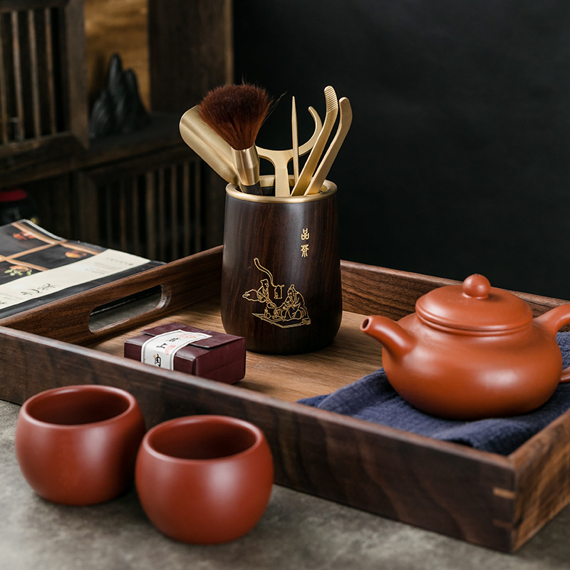 Bộ Phụ Kiện Bộ trà Kungfu sáu quý ông trà đạo bằng gỗ mun thìa trà dao kẹp trà dụng cụ pha trà 6 quý ông