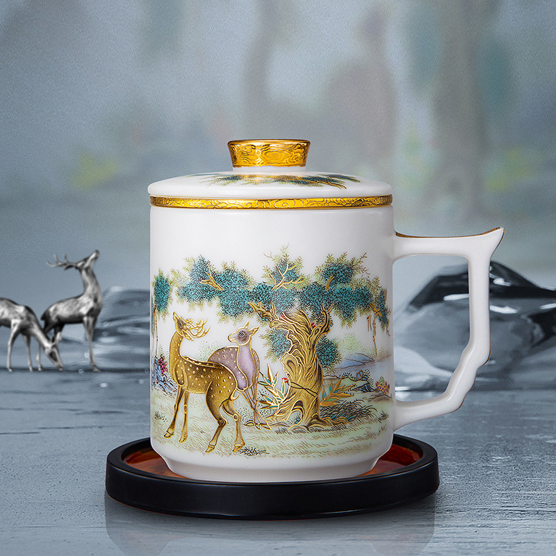 Cốc văn phòng sang trọng, tách trà, tách trà, cốc quà tặng Fulu cao cấp, cốc lọc nước bằng sứ trắng ngọc bích