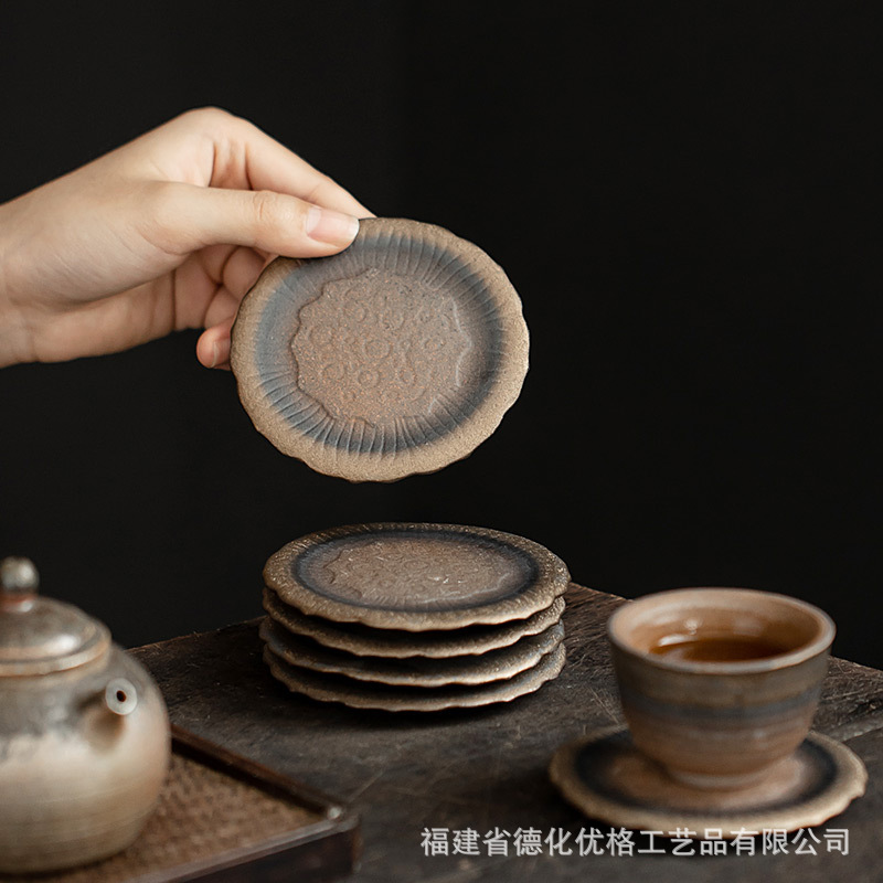 Lót tách trà cổ xưa, lót ly, lót cách nhiệt, gốm sứ cổ điển kiểu Nhật, men sắt, mạ vàng, phụ kiện trà Kung Fu, đĩa đựng cốc