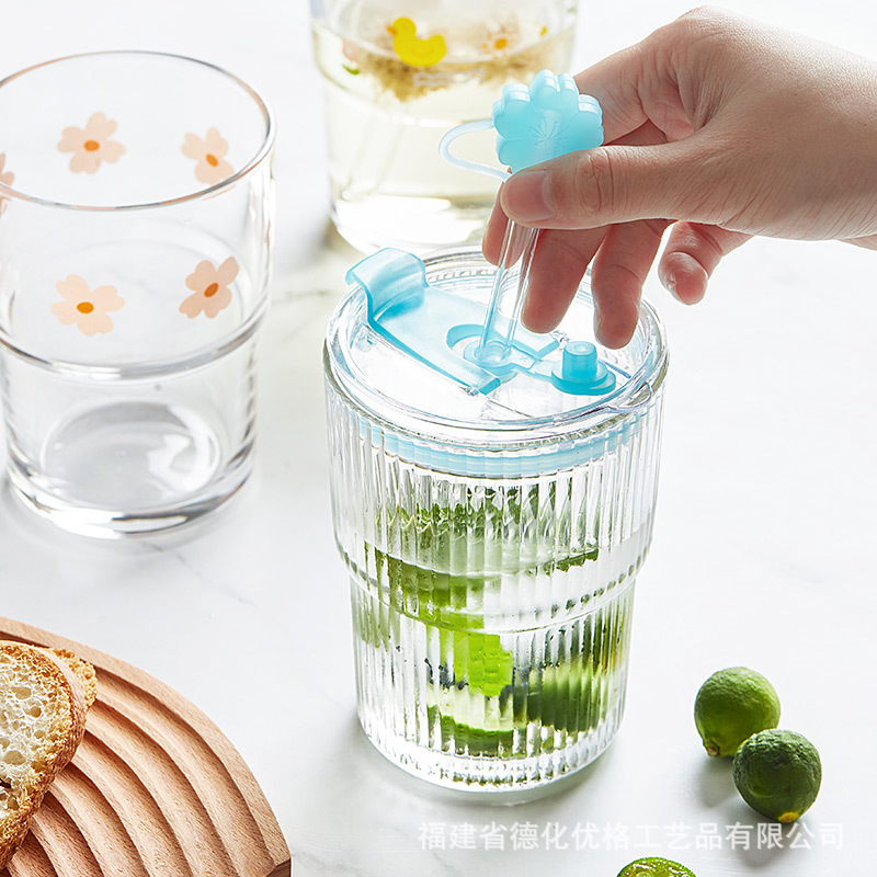 Cốc thủy tinh dễ thương phong cách ins cốc nước có giá trị cao có nắp lớn cốc trà hoa nước trái cây mùa hè cho nữ Cốc ống hút