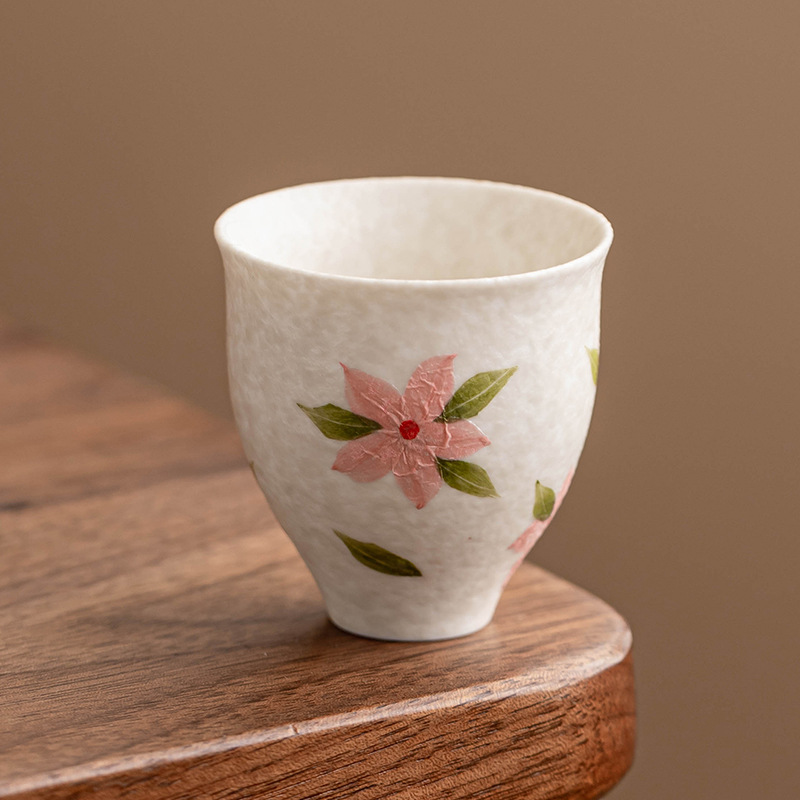 Cốc trà hoa anh đào trắng khai thác đá, bộ trà kungfu gia dụng, cốc chủ nhân gốm sứ, cốc đơn, tách trà, cốc trà chuyên dụng