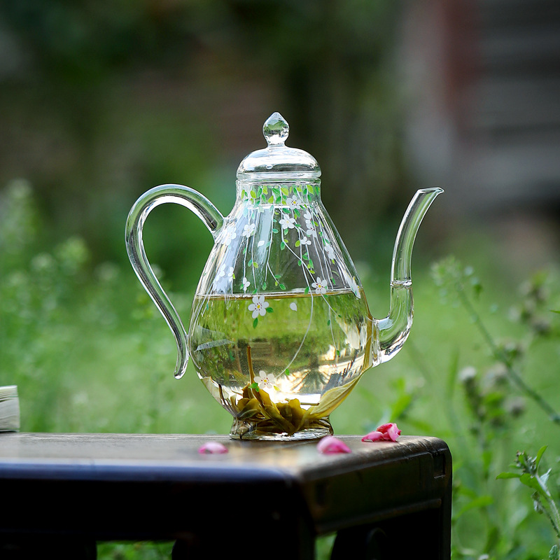 Máy pha trà xanh mùa xuân, ấm trà giả thủy tinh chịu nhiệt cao borosilicate nhỏ tươi, ấm trà đặc biệt cho trà xanh, nồi đơn