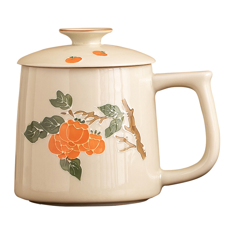 Cốc cốc vẽ tay chạm khắc hồng hồng Ruyi cốc đựng nước gốm sứ gia dụng dung tích lớn có nắp cốc tách trà