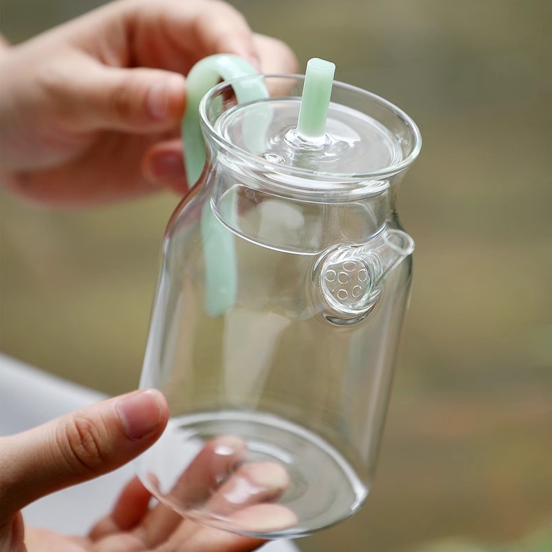 Ấm tay thủy tinh chịu nhiệt độ cao kiểu Nhật ấm trà xanh thủy tinh dày có nắp ấm pha trà