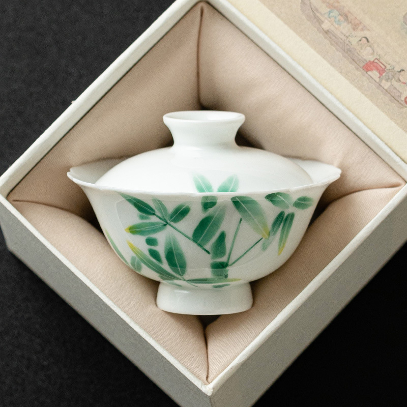 Bát trà có nắp sứ trắng Dehua chén trà vẽ tay có nắp bát pha trà Kung Fu chịu nhiệt gia dụng