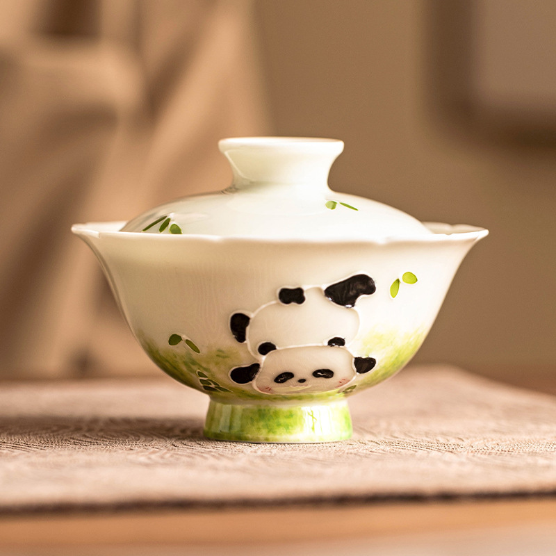 Vẽ tay đống chạm khắc gấu trúc nắp bát trà gốm sứ bộ trà gia dụng có nắp cốc pha trà cỡ nhỏ bát pha trà Kung Fu đơn