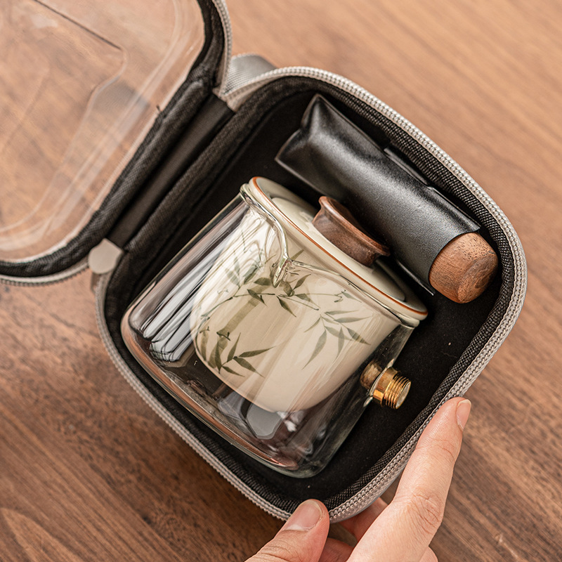 Bộ trà du lịch vẽ tay Măng Tây Xanh Ngọc Di động một bình hai cốc trà Kung Fu ngoài trời Bộ tay cầm bên cao cấp