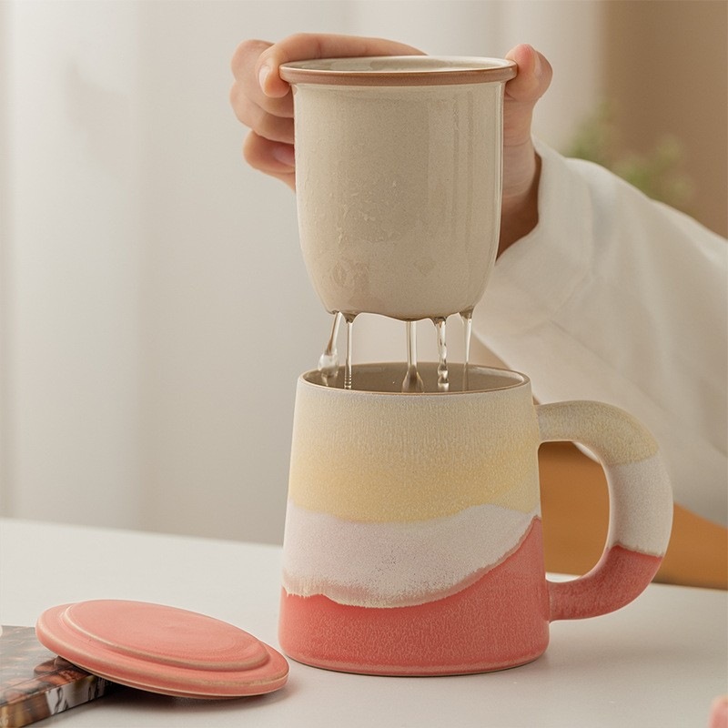 Cốc gốm sứ lò nung cốc tách nước trà có nắp cốc uống nước pha trà gia dụng nữ cốc văn phòng