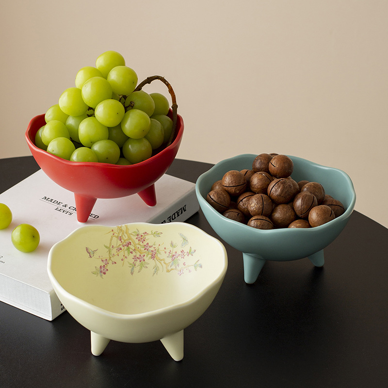 Đĩa trái cây, đĩa giải khát chân cao gốm sứ kiểu Trung Quốc, đĩa đựng đồ ăn nhẹ, đĩa ăn vặt, bát ba chân không đều trong phòng khách