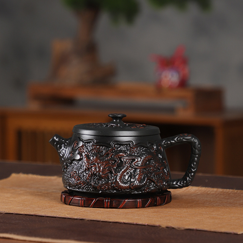 Ấm gốm tím Vân Nam Jianshui chạm nổi thủ công ấm đá rồng phượng ấm trà gốm tím bộ trà dung tích lớn chuyên dụng pha trà