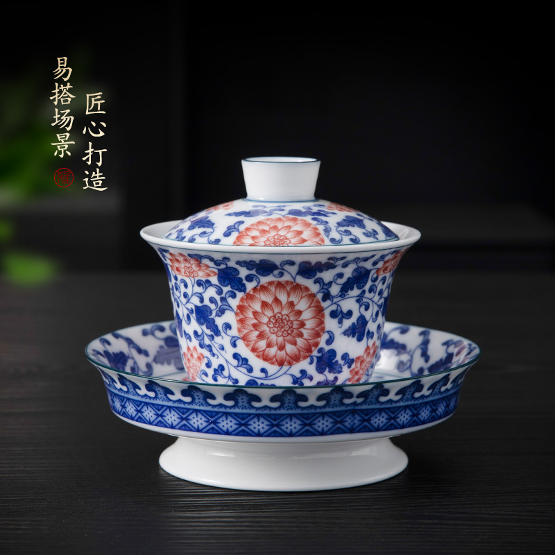 Cao cấp sang trọng nhẹ màu xanh lam sứ lớn bát có nắp ba tài cốc trà dụng cụ pha trà Kung Fu gia dụng bát trà có nắp bán buôn