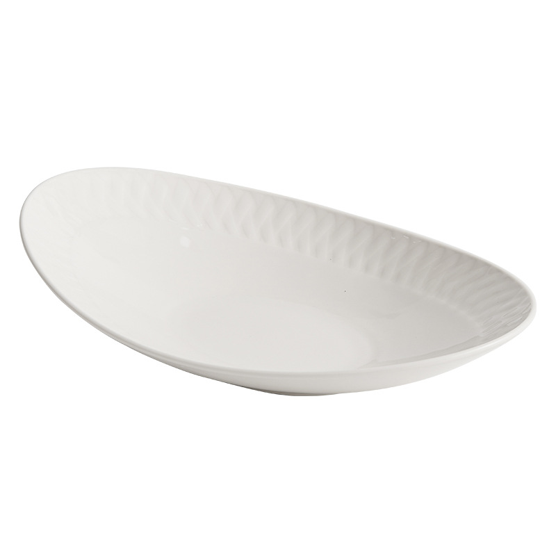 Đĩa ăn bằng gốm, đĩa cá, đĩa hấp cá gia dụng, bộ đồ ăn khách sạn cao cấp, đĩa thức ăn sáng tạo màu trắng tinh khiết, đĩa hình bầu dục, đĩa sâu