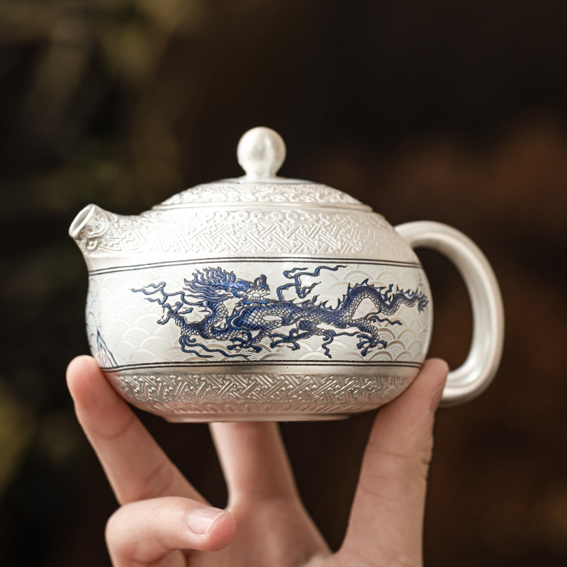 Ấm trà nhỏ tinh xảo mạ bạc 999 ấm trà Feilong Chengyun XiShi ấm trà gốm sứ gia dụng quà tặng nhẹ nhàng