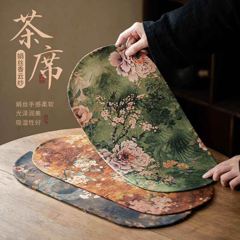 Tấm trà sợi mây thơm LỤA DUYÊN dáng hai mặt tấm lót cách nhiệt chống thấm nước bàn trà phong cách dân tộc kiểu Trung Quốc tấm lót bọt khô cổ điển kiểu Trung Quốc