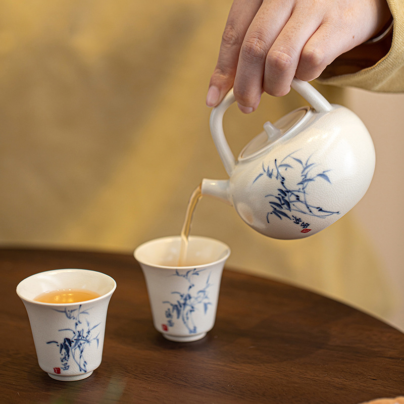 Ấm pha trà tráng men soda ấm tay cầm bên cạnh bằng tre ấm trà gia dụng ấm trà gốm sứ ấm đơn bộ trà Kung Fu Trung Quốc