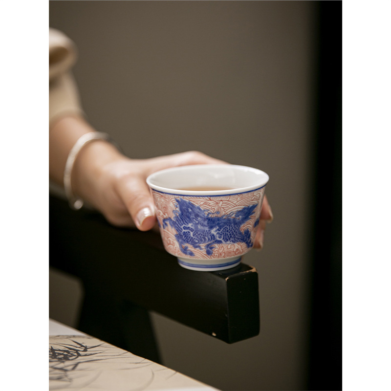 Cốc trà gốm sứ tráng men rồng xanh trắng cổ điển cốc trà Kung Fu chuyên dụng gia dụng cốc trà Kung Fu