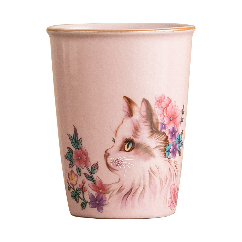 Cốc coca mèo hoa lò Jisu Ru cốc gốm sứ có thể mở được cốc trà miệng thẳng cốc nước văn phòng dung tích lớn