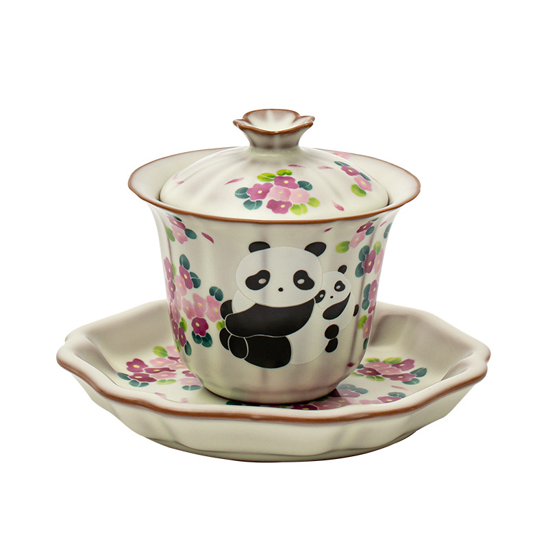 Bát có nắp ba gấu trúc Ru lò cổ, bát pha trà gia dụng không nóng, bộ trà Kung Fu chuyên dụng cho nữ, bát trà gốm sứ