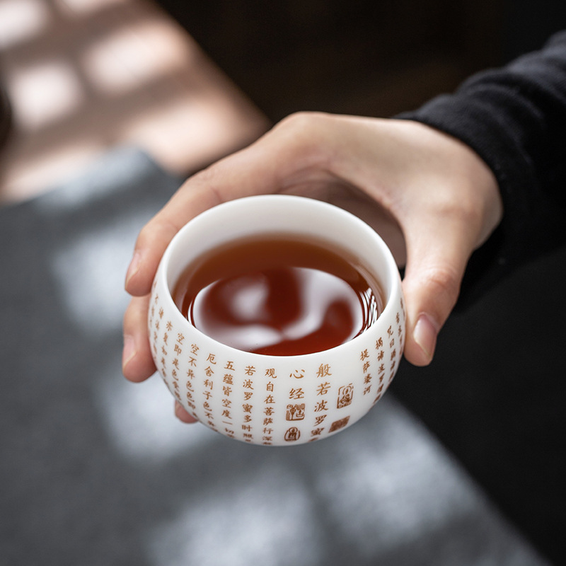 Ngọc Dương Ngọc Baifu Heart Sutra Cốc trà Sứ Trắng Quà Tặng Cốc trà Bát trà Kung Fu Bộ trà Cốc cá nhân Cốc chủ nhân Cốc đơn