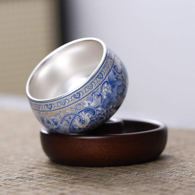 Bộ ấm trà Kung Fu cao cấp bộ cốc xoay mạ bạc ấm bạc cốc chủ nhân Trung Quốc cốc trà cho người lớn tuổi tặng bạn bè