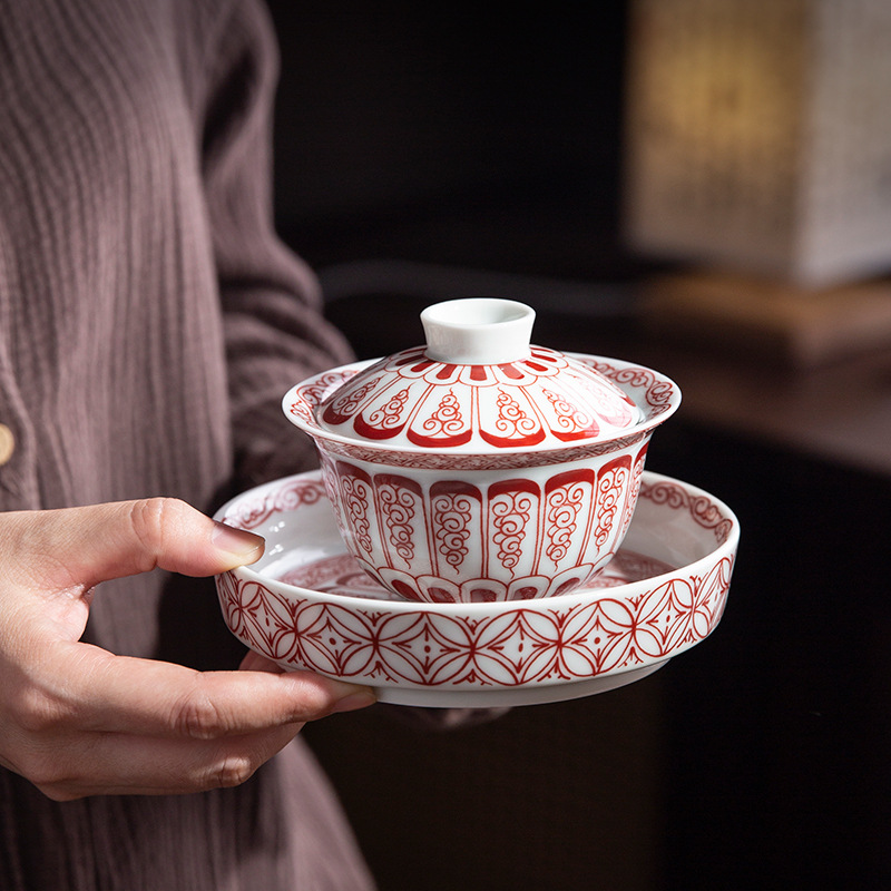 Dụng cụ pha trà cổ điển Kung Fu sứ trắng xanh dụng cụ pha trà bát ba tài năng gia dụng tách trà cốc chủ nhân có nắp đậy cốc