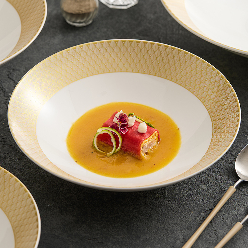 Đĩa gốm vàng vàng Renaissance Đĩa món ăn gia dụng Đĩa ăn kiểu phương Tây dát vàng cao cấp Đĩa súp sáng tạo món ăn nghệ thuật khách sạn