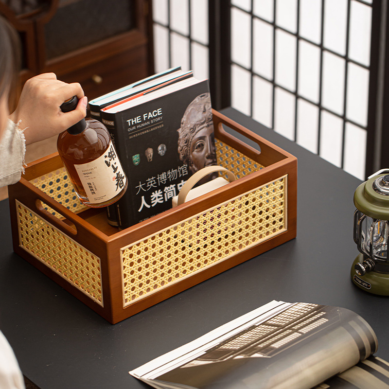 Giỏ đựng đồ bằng mây tre nâu để bàn giỏ đựng đồ retro nhà phòng khách handmade hộp đựng đồ lặt vặt hộp đựng đồ ăn nhẹ