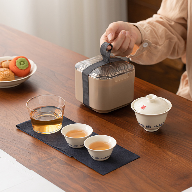 Bộ trà du lịch màu xám thực vật Bộ trà gốm sứ tiện lợi Một ấm hai cốc
