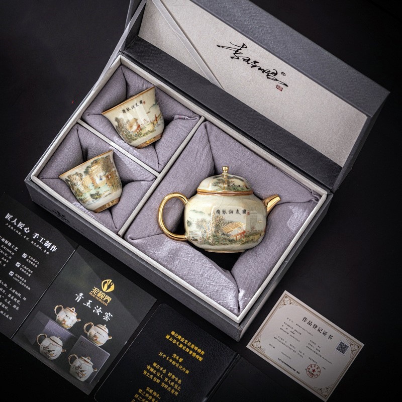 Lò nung Sapphire Ru Seiko Gold Set nhỏ | Bộ trà gốm sứ cao cấp một ấm hai cốc Li Huiyi