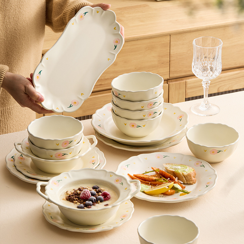 Bộ đồ ăn gốm sứ họa tiết hoa mẫu đơn, gồm bát và đĩa, dùng trong nhà, mẫu mới 2025, đồ dùng nhà bếp, đĩa ăn, bát ăn, thẩm mỹ cao