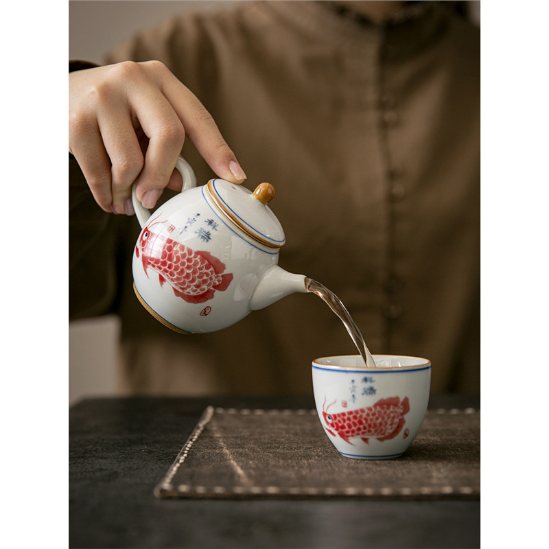 Ấm trà cá rồng xanh trắng ấm trà Kung Fu cỡ lớn gia dụng ấm trà lọc gốm sứ ấm trà đơn trà cổ điển
