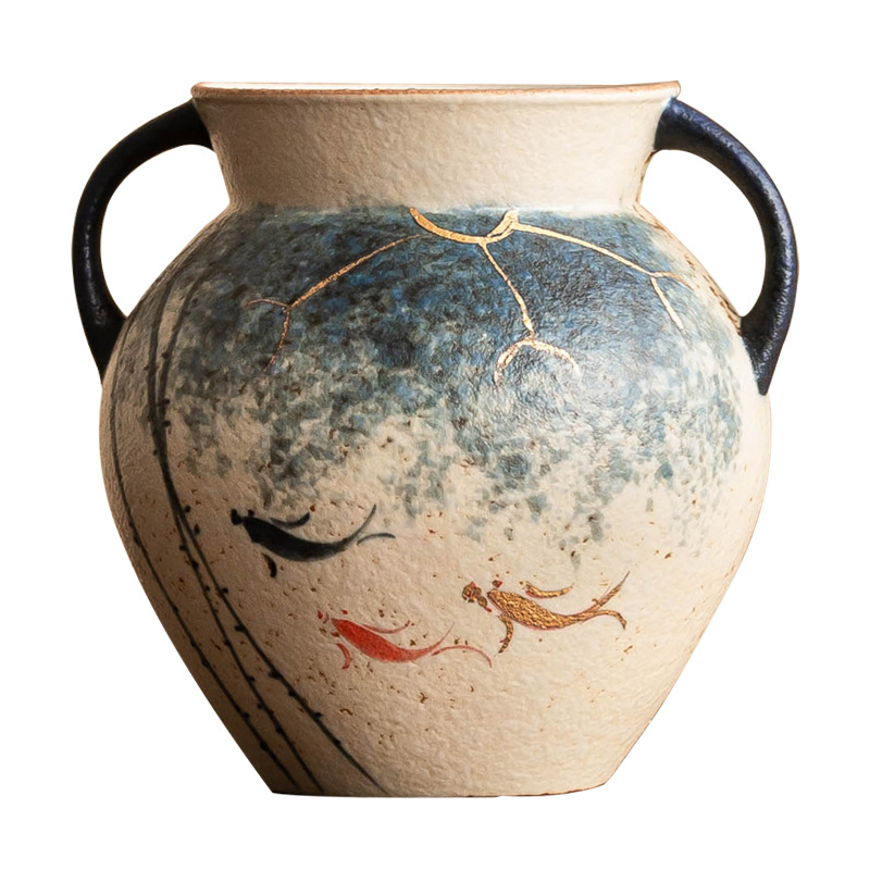 Trà đạo đỏ đá lửa trắng xanh sáu quý ông vẽ tay vàng hoa sen koi cao cấp phụ kiện trà kung fu bình hoa