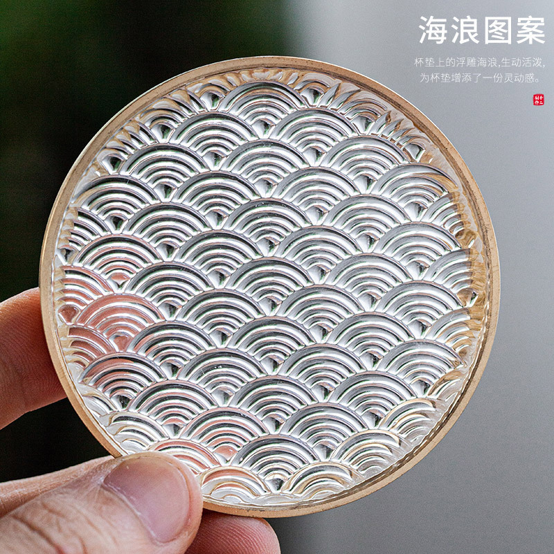 6 bộ đế lót ly gỗ Đàn hương đen, lót ly trà thủy tinh dát đồng thau, lót cách nhiệt hình tròn, Phụ Kiện Bộ trà khay trà kiểu Trung Quốc