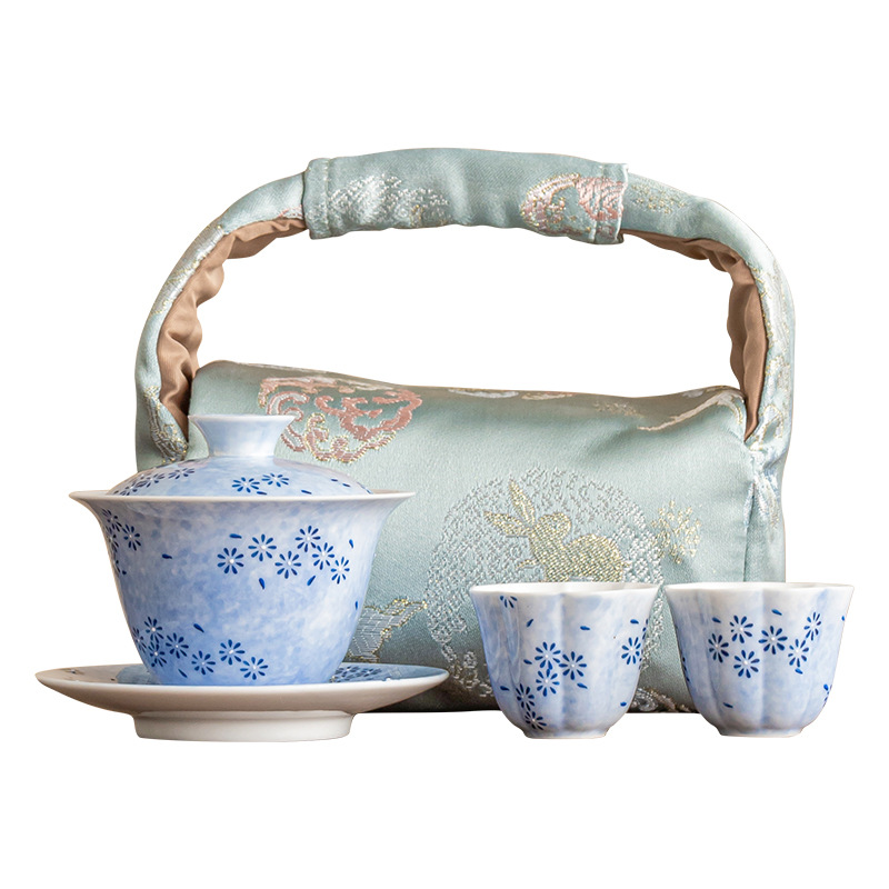 Chén trà ba tài bằng gốm sứ bộ trà kungfu hoa cúc xanh vẽ tay bộ trà phong cách Trung Quốc mới một bát hai chén bát trà