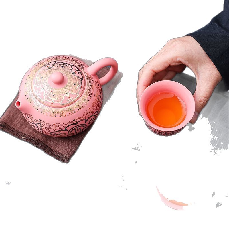 Tác phẩm của bậc thầy Bộ ấm trà cát tím cao cấp Đôn Hoàng Bộ ấm trà một ấm hai tách Quà tặng cho người lớn tuổi Quà lưu niệm lãnh đạo