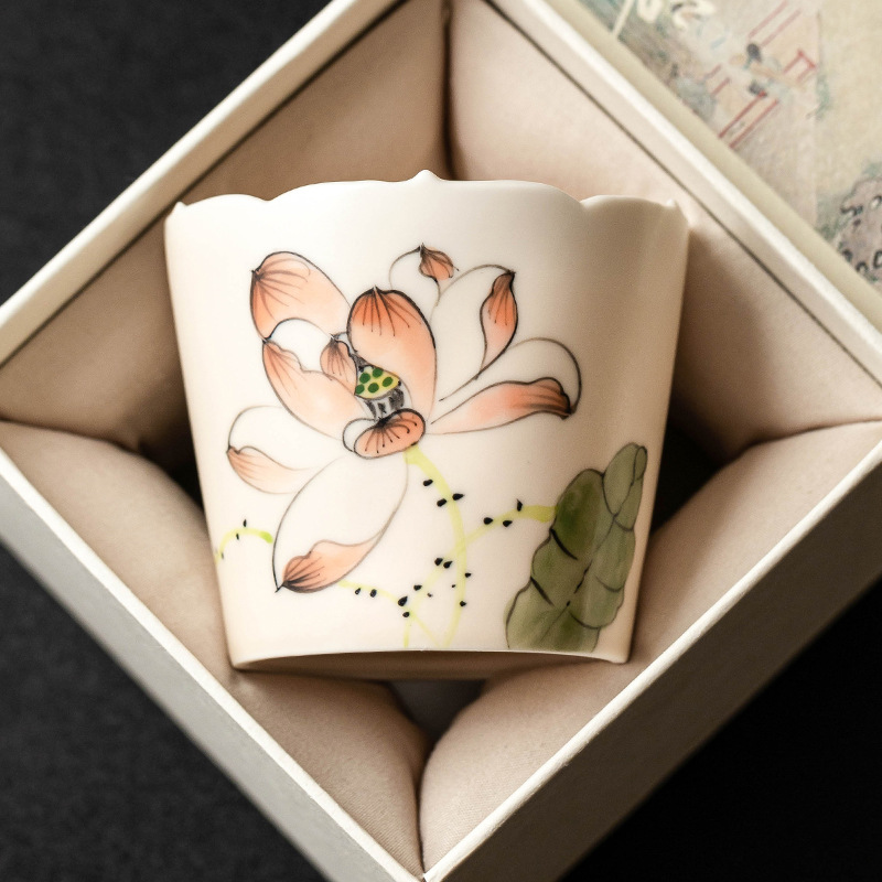 Cốc chủ nhân cao cấp, cốc miệng hoa sen ống xiên vẽ tay, cốc trà Kung Fu, cốc trà gia dụng gốm sứ cỡ lớn