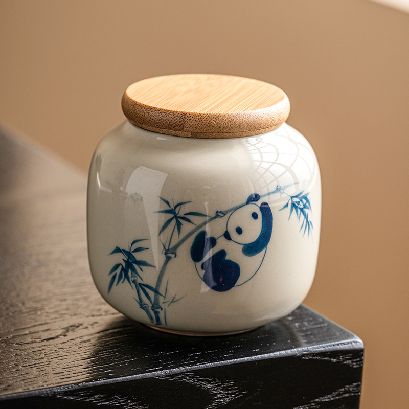 Chậu trà gấu trúc vẽ tay, bình đựng đồ mini chống ẩm sáng tạo cỡ nhỏ cầm tay tinh tế cao cấp gốm sứ