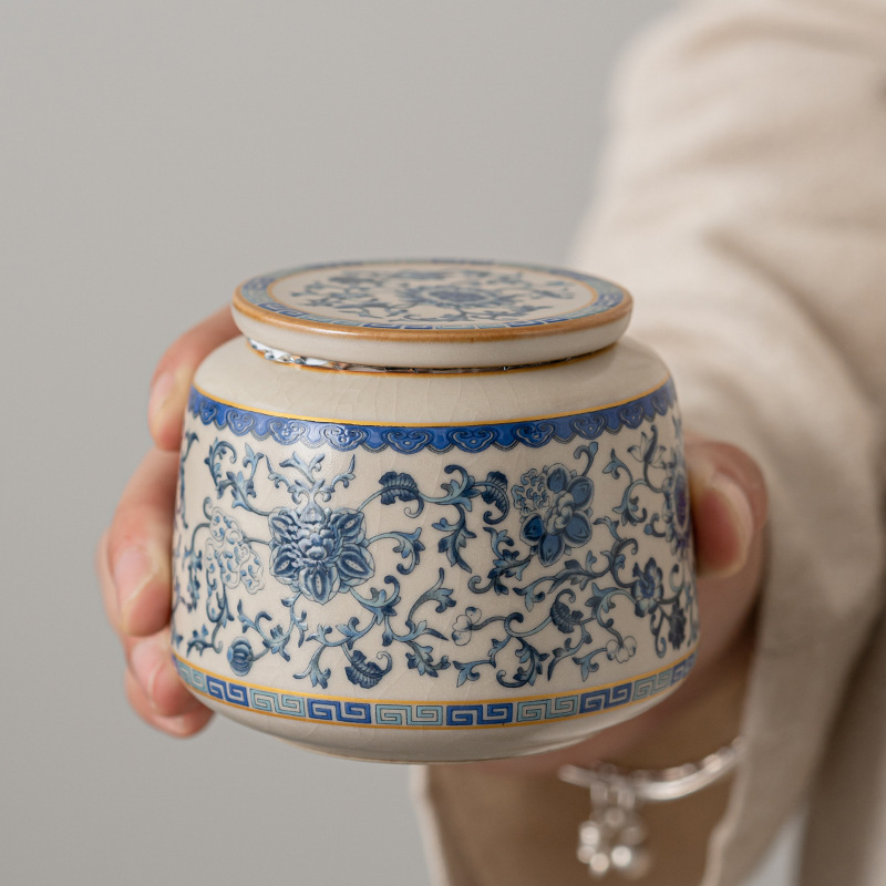 Hộp trà gốm sứ lò Ruhua màu xanh và trắng, hộp kín, hộp đựng trà thông dụng, trà đen trà xanh gia dụng Pu'er