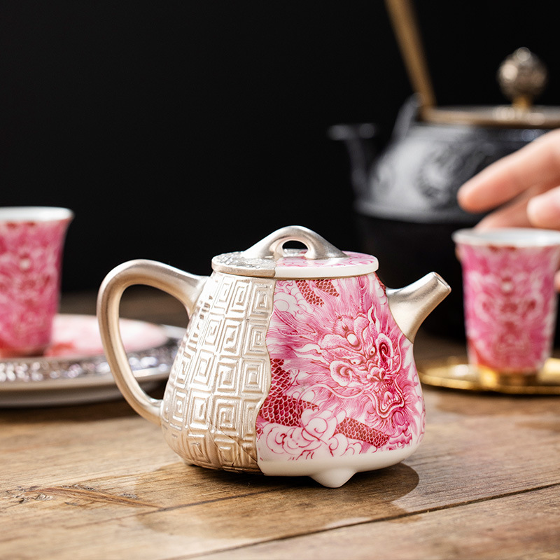 Bộ ấm trà hình rồng đỏ mạ bạc carmine, bộ ấm trà, quà tặng sinh nhật cho cha mẹ, người lớn tuổi và người lớn tuổi