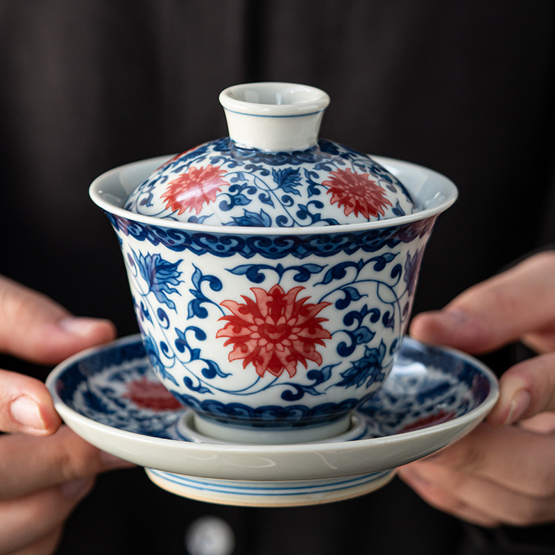 Bộ tách trà bát có nắp đỏ tráng men xanh trắng tráng men giả cổ bộ tách trà bát bộ trà tam tài gốm sứ cao cấp