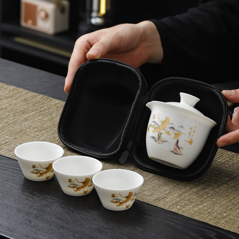 Bộ trà du lịch, cốc khách nhanh, một ấm ngọc bích, ba cốc, bộ trà cầm tay cắm trại ngoài trời, logo in quà tặng